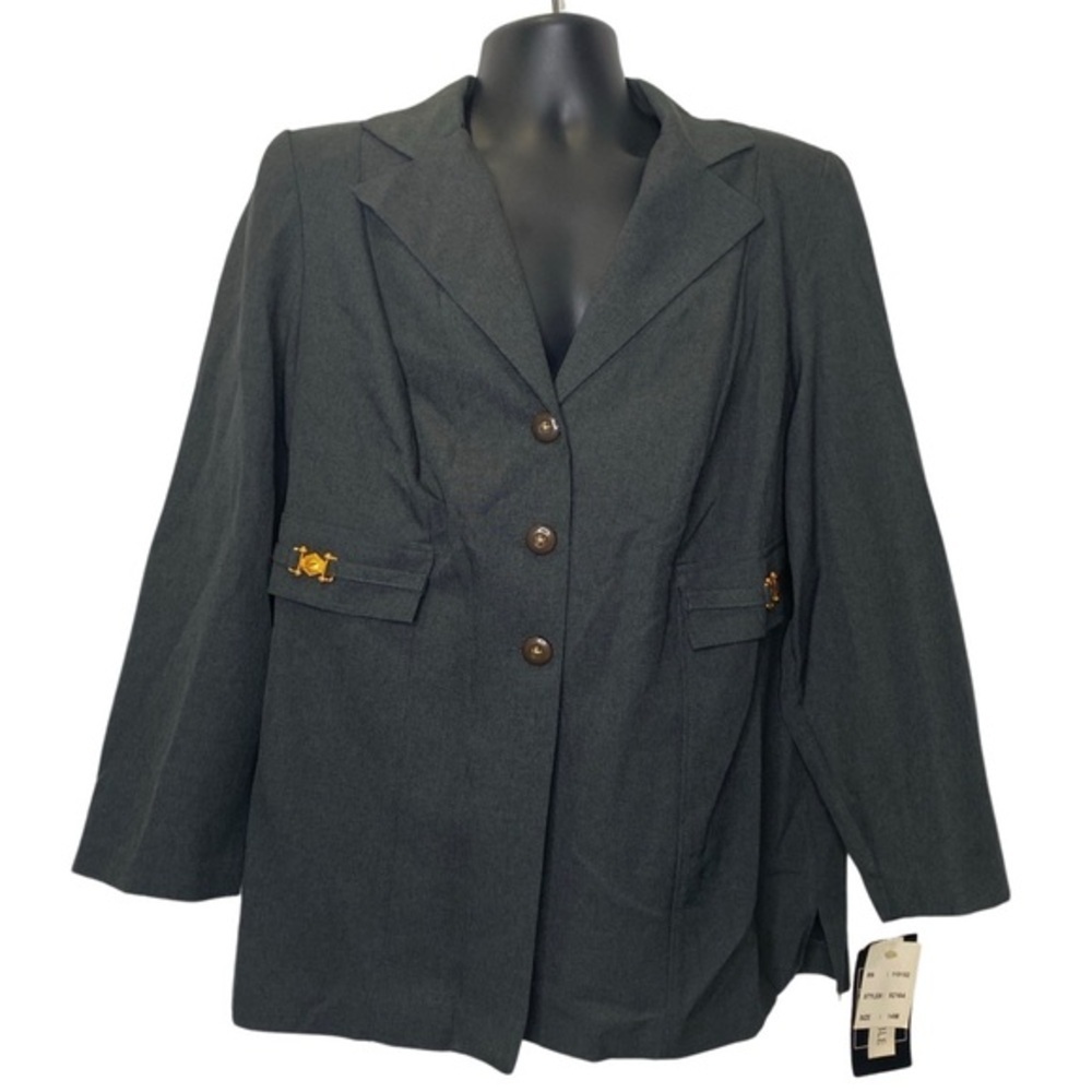 Sweet Suit Padded Shoulder Blazer-Style Blouse (Size:14, Color:Gray/Gold)